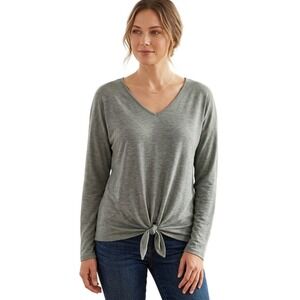IRIS BASIC Women's Long Sleeve V Neck Tunic Top Olive Green‎ Knot Front Size S